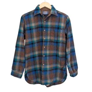 Pendleton Wool Shirt M Plaid Brown Blue Teal Vintage Made in USA